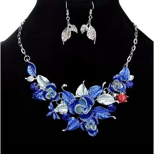 NWT Blue floral necklace with silver chain and leaf earrings NIP